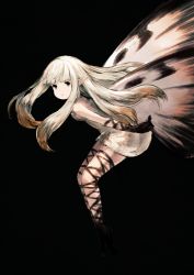 Rule 34 | 1girl, aerie (bravely default), black background, bravely default: flying fairy, bravely default (series), butterfly wings, dress, elbow gloves, fairy, gloves, insect wings, junwool, long hair, looking at viewer, pointy ears, simple background, solo, white hair, wings