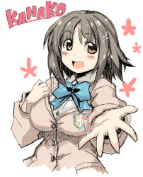 Rule 34 | 10s, 1girl, :d, blush, bow, breasts, brown eyes, brown hair, cardigan, character name, hair ornament, hairclip, idolmaster, idolmaster cinderella girls, large breasts, mimura kanako, omega.ep, open mouth, outstretched hand, school uniform, smile, solo
