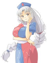Rule 34 | 1girl, arm under breasts, arnest, blue dress, breasts, bright pupils, brown eyes, closed mouth, commentary request, constellation print, dress, frills, grey hair, hand on own cheek, hand on own face, hand up, hat, highres, large breasts, light blush, long hair, looking at viewer, low-braided long hair, low-tied long hair, nurse cap, parted bangs, puffy short sleeves, puffy sleeves, red dress, short sleeves, simple background, smile, solo, touhou, two-tone dress, very long hair, white background, white pupils, yagokoro eirin