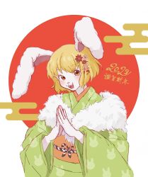 Rule 34 | 0h my god, 1girl, 2023, :3, animal ears, blonde hair, carrot (one piece), circle, commentary request, egasumi, flower, fur collar, green kimono, hair flower, hair ornament, highres, japanese clothes, kimono, looking at viewer, obi, one piece, open mouth, orange sash, palms together, praying, rabbit ears, rabbit girl, sash, short hair, smile, solo, upper body, wide sleeves