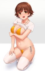 Rule 34 | 1girl, :d, bikini, breasts, brown hair, commentary request, highres, honda mio, idolmaster, idolmaster cinderella girls, large breasts, looking at viewer, navel, open mouth, short hair, smile, solo, swimsuit, thighhighs, tomajiyama, white thighhighs, yellow bikini, yellow eyes