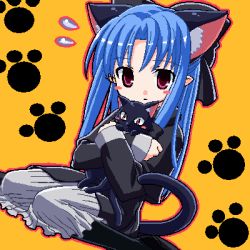 Rule 34 | 00s, animal ears, blue hair, blush, cat, cat ears, cat tail, dress, hug, kagetsu tooya, len (tsukihime), long hair, lowres, melty blood, pointy ears, red eyes, ribbon, sitting, solo, tail, tsukihime, type-moon