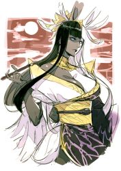Rule 34 | black hair, black skin, blue eyes, blunt bangs, character request, closed mouth, colored skin, dated, final fantasy, final fantasy xiv, holding, japanese clothes, kimono, kyo (kuroichigo), long hair, moon, multicolored hair, shaded face, signature, sketch, smoking pipe, upper body, white hair, white skin