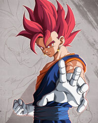 Rule 34 | 1boy, absurdres, clenched hand, commentary, dragon ball, dragon ball super, earrings, eegiiartto, gloves, highres, jewelry, male focus, potara earrings, red eyes, red hair, signature, smile, solo, super saiyan, super saiyan god, upper body, vegetto, white gloves, zoom layer