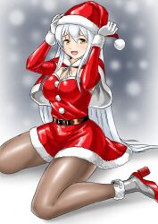 Rule 34 | 1girl, blush, boots, breasts, brown eyes, brown pantyhose, capelet, dress, fur-trimmed capelet, fur-trimmed dress, fur-trimmed headwear, fur trim, gloves, grey hair, hat, kantai collection, kudou (ooabareteng), long hair, looking at viewer, medium breasts, official alternate costume, open mouth, pantyhose, red capelet, red dress, red hat, ribbon, santa dress, santa hat, shoukaku (kancolle), smile, solo, white gloves, white hair
