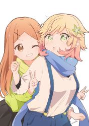 Rule 34 | 2girls, bafarin, blonde hair, blue scarf, brown eyes, brown hair, character request, double v, flower, gabriel dropout, green eyes, grin, hair flower, hair ornament, highres, long hair, looking at viewer, multicolored hair, multiple girls, one eye closed, parted lips, scarf, short hair, shorts, smile, suspender shorts, suspenders, tapris chisaki sugarbell, tapris sugar step, teeth, two-tone hair, v, very long hair, x hair ornament