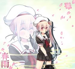 Rule 34 | 10s, 1girl, ^ ^, beret, black gloves, black skirt, character name, closed eyes, flower, gloves, gradient hair, hair flower, hair ornament, harusame (kancolle), hat, kantai collection, looking at viewer, melonenbrot, multicolored hair, neckerchief, petals, pink eyes, pink hair, pleated skirt, sailor collar, school uniform, serafuku, side ponytail, skirt, solo, zoom layer