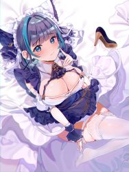 Rule 34 | 1girl, absurdres, animal ears, apron, aqua hair, azur lane, blue eyes, blush, breasts, cheshire (azur lane), cleavage, closed mouth, crescent, crescent pin, detached sleeves, dress, fang, unworn footwear, framed breasts, frilled hairband, frilled headband, frilled ribbon, frills, hairband, high heels, highres, large breasts, long ribbon, looking at viewer, looking up, maid, maid headdress, multicolored hair, panties, paw print, puffy detached sleeves, puffy sleeves, purple apron, purple hair, reel (riru), ribbon, shoes, unworn shoes, sitting, smile, solo, streaked hair, thighhighs, underwear, undressing, white panties, white thighhighs, wrist cuffs