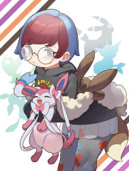 Rule 34 | 1girl, backpack, bag, blue hair, blush, brown bag, closed mouth, commentary request, creatures (company), game freak, gen 1 pokemon, gen 2 pokemon, gen 4 pokemon, gen 6 pokemon, glaceon, glasses, grey eyes, grey pantyhose, highres, holding, holding pokemon, hood, hoodie, leafeon, leaning forward, long sleeves, multicolored hair, nintendo, pantyhose, penny (pokemon), poke ball print, pokemon, pokemon (creature), pokemon sv, print pantyhose, red hair, round eyewear, sakurami sumi, see-through, see-through skirt, skirt, sleeves past wrists, sylveon, two-tone hair, umbreon, vaporeon