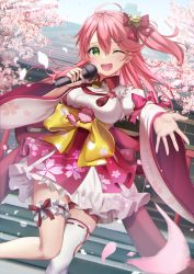 Rule 34 | 1girl, bow, breasts, cherry blossoms, commentary request, floral print, gakuon (gakuto), green eyes, happy, highres, holding, holding microphone, hololive, japanese clothes, kimono, long sleeves, looking at viewer, medium breasts, medium hair, microphone, music, nontraditional miko, one eye closed, one side up, open mouth, outdoors, pink hair, pink skirt, sakura miko, sakura miko (1st costume), sash, shrine, singing, skirt, solo, virtual youtuber, wide sleeves, yellow bow, yellow sash