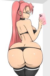 Rule 34 | 1girl, ass, bra, breasts, butt crack, choker, curvy, glasses, highres, highschool of the dead, holding, holding phone, huge ass, large breasts, long hair, looking at viewer, looking back, open mouth, orange eyes, panties, phone, pink hair, solo, takagi saya, thick thighs, thighhighs, thighs, tight clothes, twintails, underwear, wide hips, zonen404