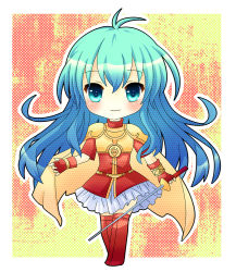 Rule 34 | 1girl, aqua eyes, aqua hair, armor, armored dress, bad id, bad pixiv id, blush, boots, breastplate, cape, chibi, eirika (fire emblem), fingerless gloves, fire emblem, fire emblem: the sacred stones, full body, gloves, gradient hair, holding, long hair, multicolored hair, nintendo, oruga (oruoruga), pauldrons, rapier, red gloves, red thighhighs, shoulder armor, smile, solo, sword, thigh boots, thighhighs, unmoving pattern, weapon