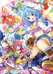 Rule 34 | 2girls, absurdres, animal ears, blue eyes, blue hair, blush, boots, braid, breasts, brown footwear, cat ears, character request, cleavage, collarbone, copyright request, flat chest, flower, green eyes, hair flower, hair ornament, highres, holding, holding paintbrush, large breasts, looking at viewer, multiple girls, navel, open mouth, paintbrush, picpicgram, pink hair, smile, thighhighs, twin braids, white legwear