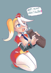 Rule 34 | 1girl, ?, blonde hair, blush, breasts, call (mighty no. 9), call e, disembodied penis, english text, eyebrows, hat, headset, heart, heart-shaped pupils, long hair, mighty no. 9, multicolored hair, necktie, open mouth, penis, robojanai, shadow, simple background, symbol-shaped pupils, text focus, uncensored