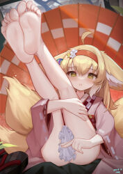 Rule 34 | 1girl, :o, ahoge, animal ears, arknights, barefoot, blonde hair, dated, feet, green eyes, hairband, highres, japanese clothes, kalun (fwme3378), kneepits, legs up, light blush, long hair, looking at viewer, multiple tails, open mouth, signature, sitting, soles, solo, suzuran (arknights), tail, toes