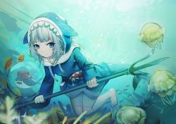 Rule 34 | 1girl, animal hood, bloop (gawr gura), blue eyes, blue hair, blue hoodie, blush, fins, fish tail, gawr gura, gawr gura (1st costume), highres, hololive, hololive english, hood, hoodie, long sleeves, looking at viewer, multicolored hair, open mouth, polearm, shark girl, shark hood, shark tail, sharp teeth, siyumu, solo, streaked hair, tail, teeth, trident, virtual youtuber, weapon, white hair