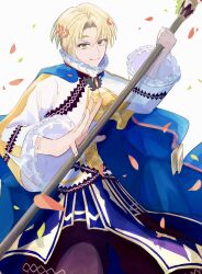 Rule 34 | 1boy, alfred (fire emblem), ascot, blonde hair, cape, closed mouth, fire emblem, fire emblem engage, frills, green eyes, highres, holding, holding weapon, kino40346033, long sleeves, male focus, nintendo, petals, polearm, short hair, smile, solo, spear, weapon, white background, yellow ascot