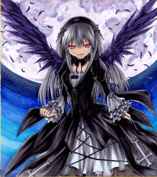 Rule 34 | 1girl, bad id, cross, dress, feathers, flower, frills, gothic lolita, hairband, iroha (nullpo), lolita fashion, long hair, long sleeves, moon, puffy sleeves, red eyes, rose, rozen maiden, shikishi, silver hair, sky, solo, star (sky), starry sky, suigintou, traditional media, wings