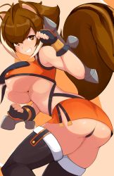 Rule 34 | 1girl, animal ears, antenna hair, arc system works, ass, bare shoulders, black panties, blush, boots, breasts, brown eyes, brown hair, fingerless gloves, from behind, gloves, grin, hair between eyes, highres, jellcaps, large breasts, leaning, leaning forward, looking at viewer, makoto nanaya, miniskirt, multicolored hair, panties, shiny skin, short hair, sideboob, skirt, smile, solo, squirrel ears, squirrel tail, tail, thighhighs, thighhighs under boots, thong, tonfa, underboob, underwear, weapon, white hair