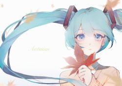 Rule 34 | 1girl, autumn leaves, blue eyes, blue hair, blush, commentary, ea08zheci, falling leaves, hair tie, hatsune miku, holding, holding leaf, leaf, long hair, long sleeves, parted lips, simple background, solo, sweater, symbol-only commentary, twintails, upper body, very long hair, vocaloid, white background, yellow sweater
