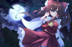 Rule 34 | 1girl, ascot, bow, brown hair, closed mouth, cowboy shot, detached sleeves, frilled skirt, frills, full moon, hair between eyes, hair bow, hair tubes, hakurei reimu, highres, long hair, looking at viewer, moon, night, outdoors, red bow, red shirt, red skirt, shirt, skirt, smile, solo, standing, tangusuten, touhou, wide sleeves, yellow ascot