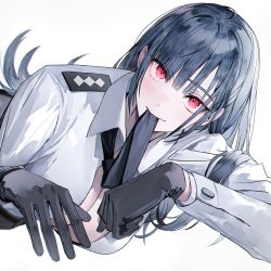 Rule 34 | 1girl, black gloves, black hair, black necktie, blush, breasts, buttons, cleavage, commentary, english commentary, gloves, highres, jacket, large breasts, long hair, looking at viewer, lying, mouth hold, muaooooo, necktie, necktie in mouth, on side, original, red eyes, simple background, solo, upper body, white background, white jacket