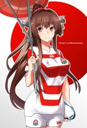 Rule 34 | 1girl, 2019 rugby world cup, alternate costume, ball, blush, breasts, brown eyes, brown hair, cherry blossoms, english text, flower, fujii jun, hair ornament, headgear, holding, jersey, kantai collection, large breasts, long hair, oil-paper umbrella, ponytail, red umbrella, rugby, rugby ball, rugby uniform, rugby world cup, short sleeves, shorts, smile, solo, sportswear, standing, umbrella, yamato (kancolle)