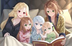 Rule 34 | 5girls, absurdres, bed, blanket, blonde hair, blue eyes, blue hair, blush, book, breasts, brown hair, cleavage, collarbone, commission, female commander (girls&#039; frontline), fn-49 (girls&#039; frontline), girls&#039; frontline, green eyes, highres, holding, holding book, large breasts, lee-enfield (girls&#039; frontline), long hair, long sleeves, looking at another, looking at viewer, multicolored hair, multiple girls, on bed, open mouth, pajamas, red eyes, red hair, ribeyrolles (girls&#039; frontline), rynzfrancis, smile, streaked hair, teeth, tmp (girls&#039; frontline), upper teeth only