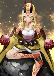 Rule 34 | 1girl, artist request, bare legs, bare shoulders, barefoot, beads, blonde hair, candy, earrings, eating, facial mark, facial tattoo, fang, fate/grand order, fate (series), fingernails, food, forehead mark, grey background, highres, horns, ibaraki douji (fate), japanese clothes, jewelry, kimono, leg tattoo, lollipop, long hair, oni, oni horns, pointy ears, rope, sharp fingernails, sharp toenails, sitting, solo, tattoo, third eye, toenails, yellow eyes