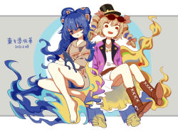 Rule 34 | 2girls, antinomy of common flowers, bare legs, barefoot, black hat, blue bow, blue eyes, blue hair, boots, bow, brown footwear, dated, dress, drill hair, eyewear on head, fire, grey background, hair bow, hat, he2kin, light brown hair, long hair, looking at viewer, multiple girls, multiple hair bows, ofuda, pout, short shorts, shorts, siblings, sisters, sitting, smile, sunglasses, touhou, white background, white dress, yorigami jo&#039;on, yorigami shion