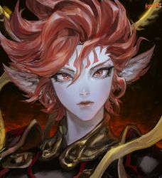 Rule 34 | 1girl, animal ears, armor, artist name, bird ears, close-up, collar, expressionless, facial tattoo, final fantasy, final fantasy xiv, forehead tattoo, frischenq, halo, looking at viewer, metal collar, pauldrons, portrait, realistic, red eyes, red hair, short hair, shoulder armor, signature, solo, spiked hair, straight-on, suzaku (ff14), swept bangs, tattoo