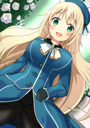 Rule 34 | 10s, 1girl, atago (kancolle), beret, black gloves, blonde hair, blue jacket, blue skirt, breasts, buttons, flower, gloves, green eyes, hat, jacket, kantai collection, large breasts, long hair, looking at viewer, military, military uniform, open mouth, pantyhose, rose, skirt, smile, solo, sou (soutennkouchi), uniform, white rose