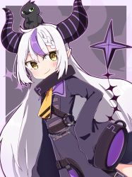 Rule 34 | 1girl, ahoge, animal, animal on head, bird, bird on head, black coat, black horns, blush, braid, braided bangs, buttons, chibi, closed mouth, coat, collar, crow (la+ darknesss), demon girl, demon horns, determined, double-breasted, grey hair, hair between eyes, hand on own hip, hololive, horns, la+ darknesss, long hair, long sleeves, looking at viewer, multicolored hair, neckerchief, on head, pointy ears, purple hair, purple horns, rabiiandrain, sleeves past fingers, sleeves past wrists, smile, smirk, solo, streaked hair, striped horns, trench coat, very long hair, virtual youtuber, yellow eyes, yellow neckerchief