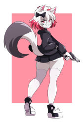 Rule 34 | abysswatchers, comission, fox tail, gun, holding, holding weapon, hood, hoodie, original, pleated skirt, skirt, tail, thighhighs, weapon