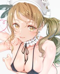 Rule 34 | 1girl, arm under breasts, bikini, black bikini, blush, breasts, brown eyes, brown hair, cleavage, eyelashes, finger to mouth, frills, grey background, hair between eyes, hat feather, headdress, heart, kantai collection, lips, littorio (kancolle), long hair, looking at viewer, medium breasts, nagisa nagi, pink nails, ponytail, side ponytail, simple background, solo, swimsuit, upper body