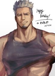 Rule 34 | 1boy, alternate pectoral size, bara, bare shoulders, clothes lift, come hither, commentary request, facial hair, goatee, grey tank top, gyee, happy birthday, highres, large pectorals, lifting own clothes, male focus, mature male, miles (gyee), muscular, muscular male, one eye closed, pectorals, sdz (inazuma), seductive smile, shirt lift, short hair, sideburns, silver hair, smile, smirk, solo, tank top, undercut, unfinished, upper body