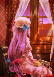 Rule 34 | 1girl, book, curtains, dress, female focus, from behind, hat, indoors, long hair, low-tied long hair, mob cap, patchouli knowledge, pink hair, ribbon, sitting, solo, touhou, very long hair, window