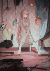Rule 34 | 1girl, absurdres, balloon, blood, bloody knife, breasts, chair, chihuri, curtains, dress, ear piercing, earrings, hair between eyes, hair ribbon, highres, holding, holding knife, indoors, jewelry, knife, long hair, long sleeves, looking at viewer, no shoes, on chair, original, pantyhose, parted lips, piercing, pink dress, pink hair, red eyes, red ribbon, ribbon, shirt, sitting, sleeveless, sleeveless dress, small breasts, solo, stud earrings, stuffed animal, stuffed cow, stuffed dinosaur, stuffed rabbit, stuffed toy, stuffed unicorn, teddy bear, very long hair, white pantyhose, white ribbon, white shirt, yana (chihuri)