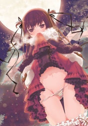 Rule 34 | 1girl, brown eyes, brown hair, christmas, christmas tree, clothes in mouth, clothes lift, coat, groin, hair ribbon, long hair, mittens, moon, mouth hold, night, night sky, original, panties, panty pull, pompier, ribbon, short twintails, skirt, skirt in mouth, skirt lift, sky, solo, star (sky), star (symbol), starry sky, striped clothes, striped panties, thigh gap, thighs, tsucaco, twintails, two side up, underwear, white mittens