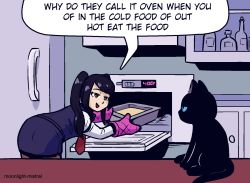 Rule 34 | 1girl, black cat, black hair, cat, english text, garfield, grammatical nonsense, jill stingray, lasagne, looking at animal, meme, moonlight-mistral, necktie, oven, oven mitts, pantyhose, purple eyes, purple skirt, purple vest, red necktie, refrigerator, shirt, skirt, smile, twintails, va-11 hall-a, vest, white shirt, why do they call it oven (meme)