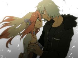 Rule 34 | 00s, 1boy, 1girl, bad id, bad pixiv id, birdy cephon altera, black jacket, black shirt, couple, eye contact, face-to-face, forehead-to-forehead, gloves, green eyes, grey hair, hair ornament, holding hands, heads together, hetero, impossible clothes, jacket, long hair, looking at another, mackerel (artist), mackerel (sabanoneko), multicolored hair, nataru shinmyou, open clothes, open jacket, pink hair, red hair, shirt, skin tight, smile, tetsuwan birdy, tetsuwan birdy decode, two-tone hair, wallpaper