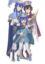 Rule 34 | 1boy, 2girls, black eyes, black hair, blue eyes, blue hair, boots, cape, crown, ebinku, father and daughter, fire emblem, fire emblem: genealogy of the holy war, hat feather, highres, holding, holding polearm, holding weapon, larcei (fire emblem), long hair, looking at viewer, mother and daughter, multiple girls, nintendo, polearm, seliph (fire emblem), simple background, spear, weapon, white background