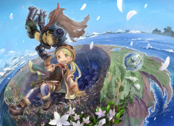 Rule 34 | 10s, 1boy, 1girl, black hair, blonde hair, blue eyes, blush, day, feathers, flower, flying, glasses, gloves, hat, island, long hair, made in abyss, official art, open mouth, original, outdoors, petals, regu (made in abyss), riko (made in abyss), short hair, tsukushi akihito, yellow eyes