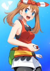 Rule 34 | 1girl, :d, absurdres, black pantyhose, blue background, blue eyes, blush, bow, bow hairband, breasts, brown hair, cowboy shot, creatures (company), from below, from side, game freak, hair between eyes, hair bow, hairband, highres, holding, holding poke ball, long hair, looking at viewer, may (pokemon), medium breasts, nintendo, open mouth, pantyhose, pantyhose under shorts, poke ball, pokemon, pokemon oras, red hairband, red shirt, shirt, short shorts, shorts, sleeveless, sleeveless shirt, smile, solo, striped, striped bow, white shorts, yuihico