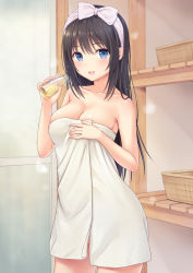 Rule 34 | 1girl, bare shoulders, black hair, blue eyes, blush, bottle, breasts, changing room, cleavage, cowboy shot, hair ribbon, hairband, hand on own chest, hands up, highres, holding, holding bottle, indoors, long hair, looking at viewer, medium breasts, n.g., naked towel, open mouth, original, ribbon, sidelocks, smile, solo, standing, towel