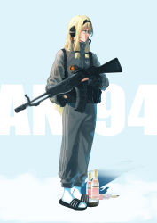 Rule 34 | 1girl, adidas, alcohol, an-94, an-94 (girls&#039; frontline), assault rifle, bad id, bad pixiv id, blonde hair, blue eyes, bottle, character name, commentary request, girls&#039; frontline, gun, highres, ihobus, korean commentary, rifle, sandals, socks, solo, standing, track suit, vodka, weapon