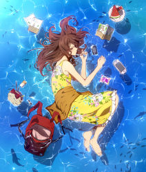 Rule 34 | 1girl, afloat, backpack, bag, bare shoulders, barefoot, book, brown hair, cellphone, dress, closed eyes, fish, floating, food, from above, fruit, hair spread out, handheld game console, highres, long hair, lying, on side, original, partially submerged, phone, playstation portable, sleeping, sleeveless, solo, todoroki suyoshi, water, watermelon, yotsubato!