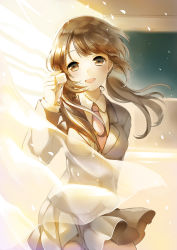 Rule 34 | 1girl, :d, brown eyes, brown hair, curtains, food, highres, jacket, long hair, marshmallow, necktie, open mouth, original, pleated skirt, school uniform, see-through, sibyl, skirt, smile, solo