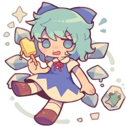 Rule 34 | 1girl, animal, blue bow, blue dress, blue eyes, blue hair, bow, brown footwear, cirno, collared shirt, detached wings, dress, fairy, food, frog, frozen frog, full body, hair bow, holding, holding food, ice, ice wings, ikururu, open mouth, pinafore dress, popsicle, shirt, shoes, short hair, short sleeves, sleeveless, sleeveless dress, socks, solo, sweat, touhou, white shirt, white socks, wings