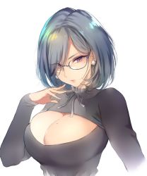 Rule 34 | 1girl, breasts, cleavage, cleavage cutout, clothing cutout, glasses, grey hair, highres, large breasts, looking at viewer, meme50, mole, mole on breast, mole under eye, purple eyes, short hair, solo, upper body